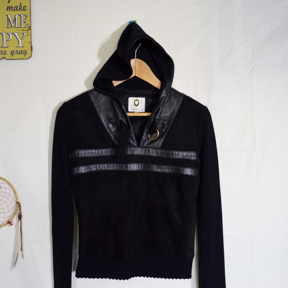 MAYLE Black Hooded Sweater 100% wool/leather | MED